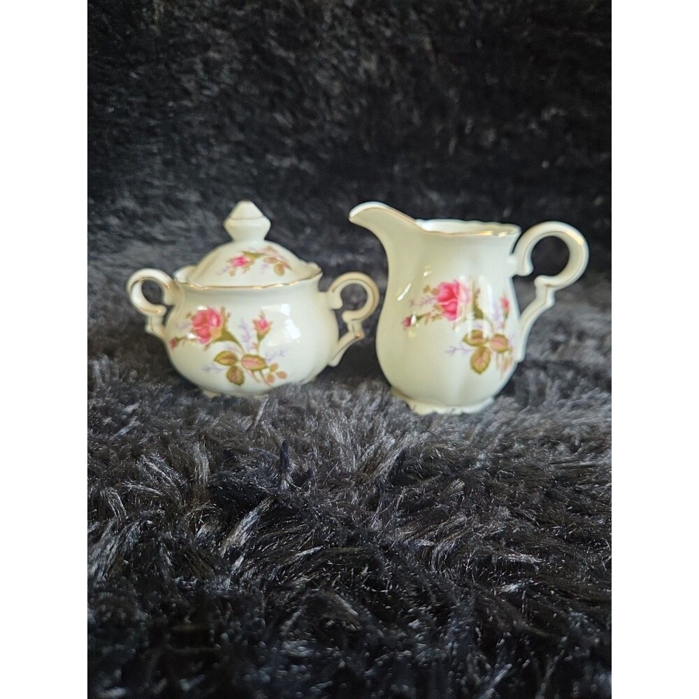 Fred Roberts Moss Rose Sugar & Creamer Set Gold Trim Vintage